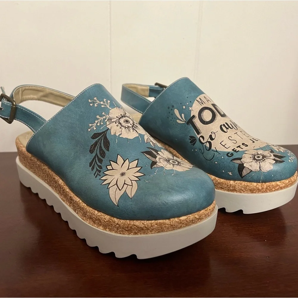New DOGO Vegan Leather Wedge Sandals - Make Today So Awesome Design blue cream 9 - Picture 4 of 12